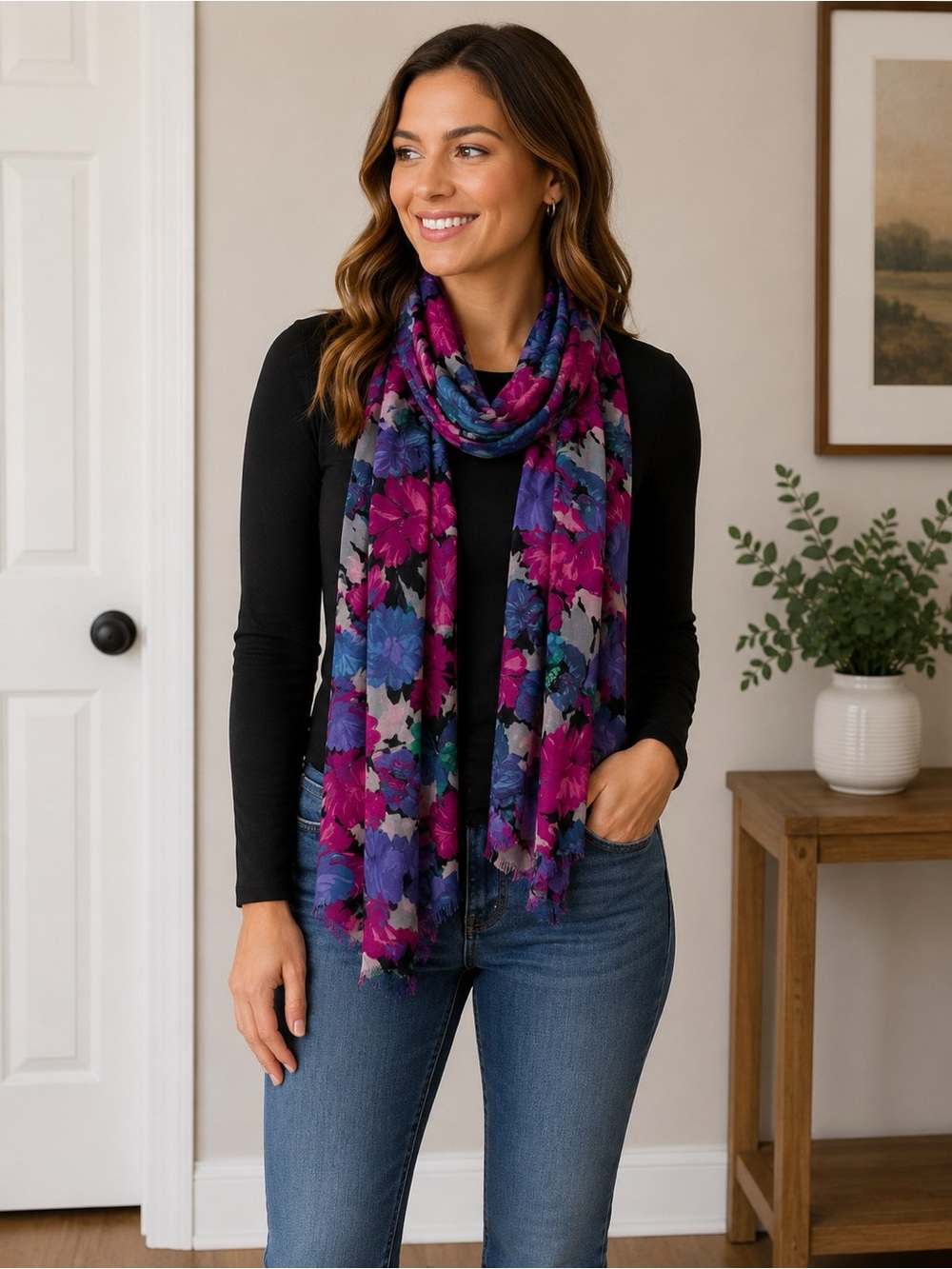 J. Crew Vibrant Floral Scarf in Pink, Blue & Purple